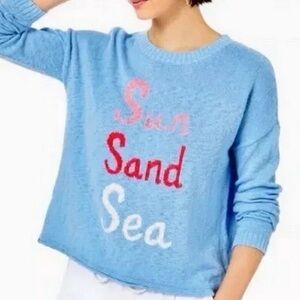 NWT Lilly Pulitzer Blue Crew Sweater with Red and White Text Large